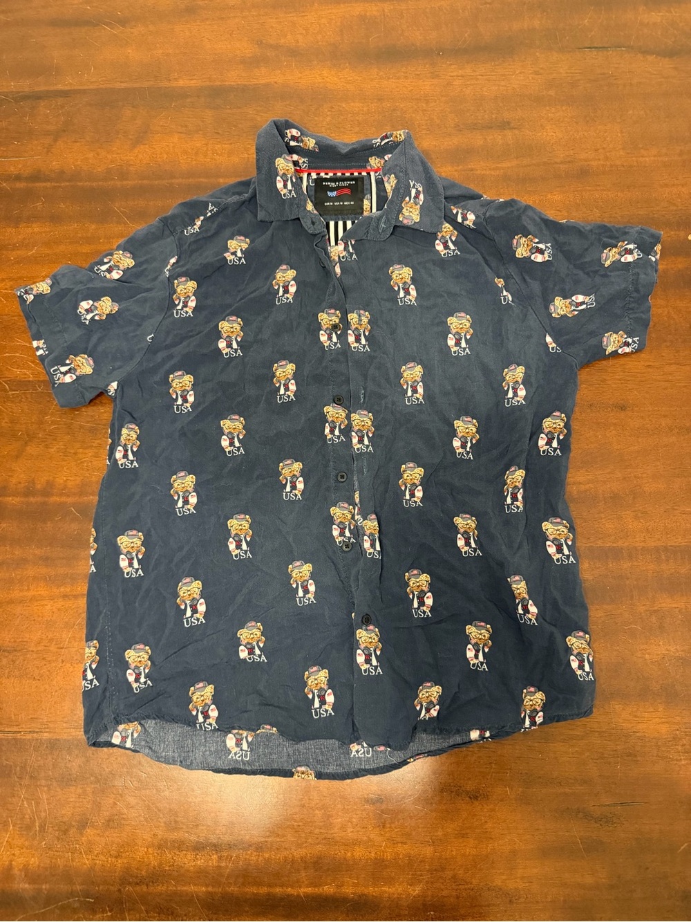 Denim & Flower Short Sleeve Navy Bear Print Shirt